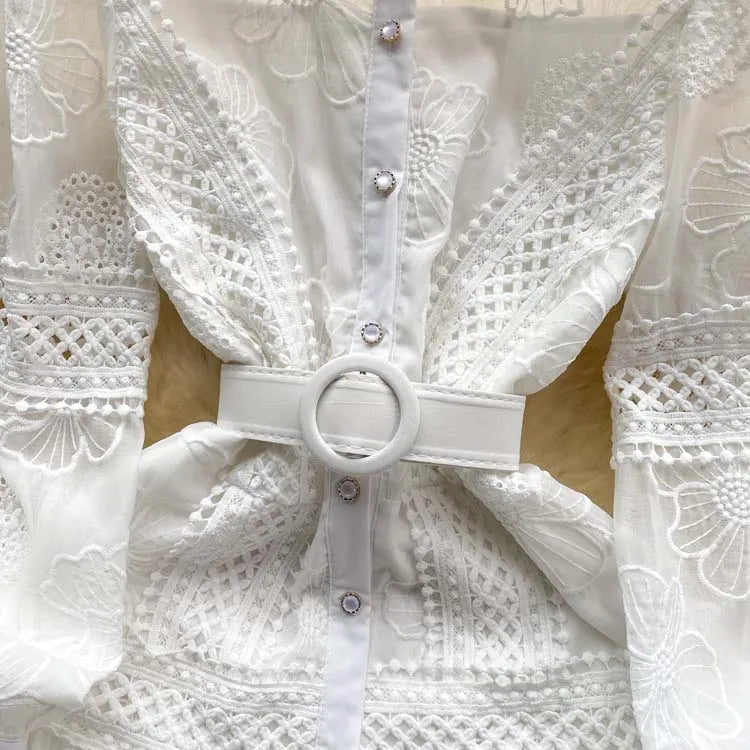 Luxury Women Lace Shirt dress White Black  New Vintage embroidery Lantern sleeve dresses with belt Sexy clothes INKEO 4D062