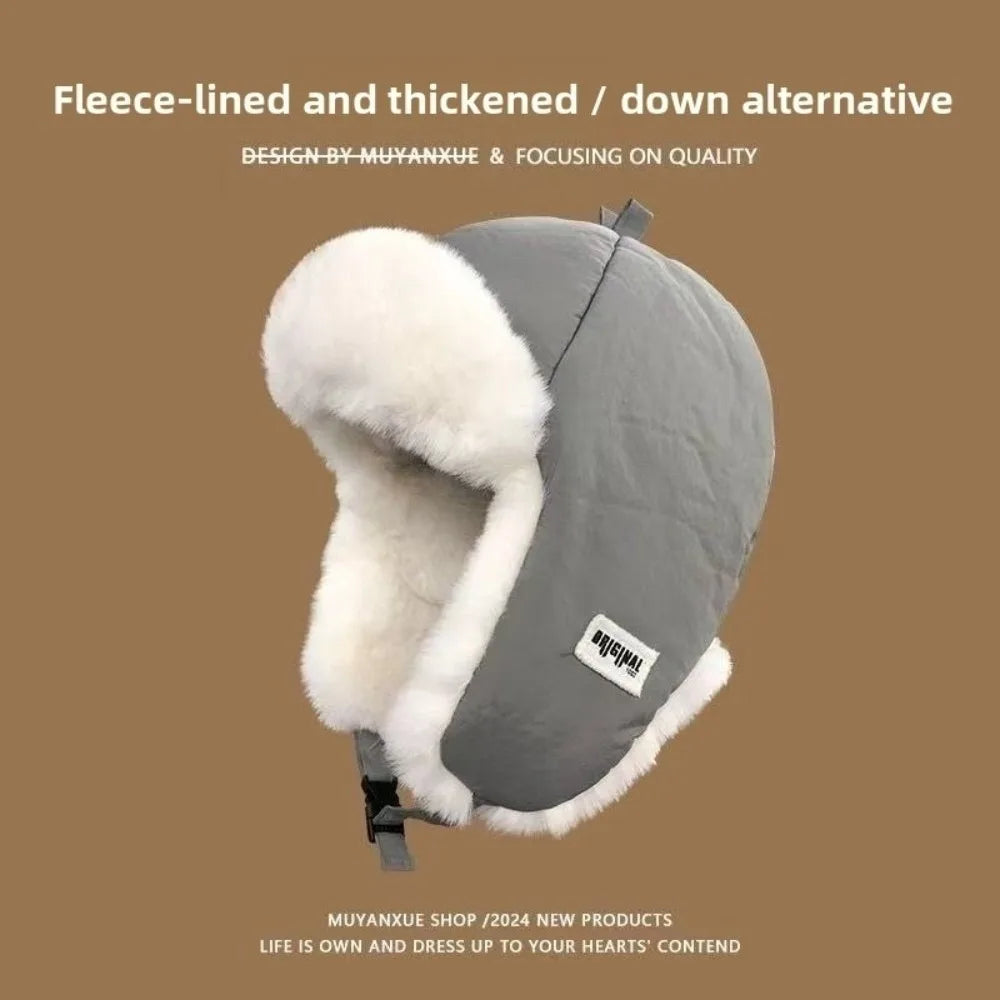Nuevo sombrero de invierno grueso para mujer Lei Feng, sin ala, gorro de esquí bordado tipo aviador, protección para los oídos, herramientas de abrigo