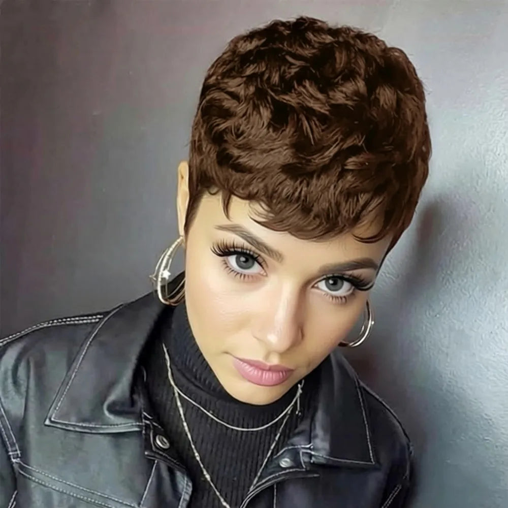 Peluca pixie color borgoña para mujer corte pixie corto liso en capas uso diario fiesta peluca de cabello humano hecha a máquina café negro
