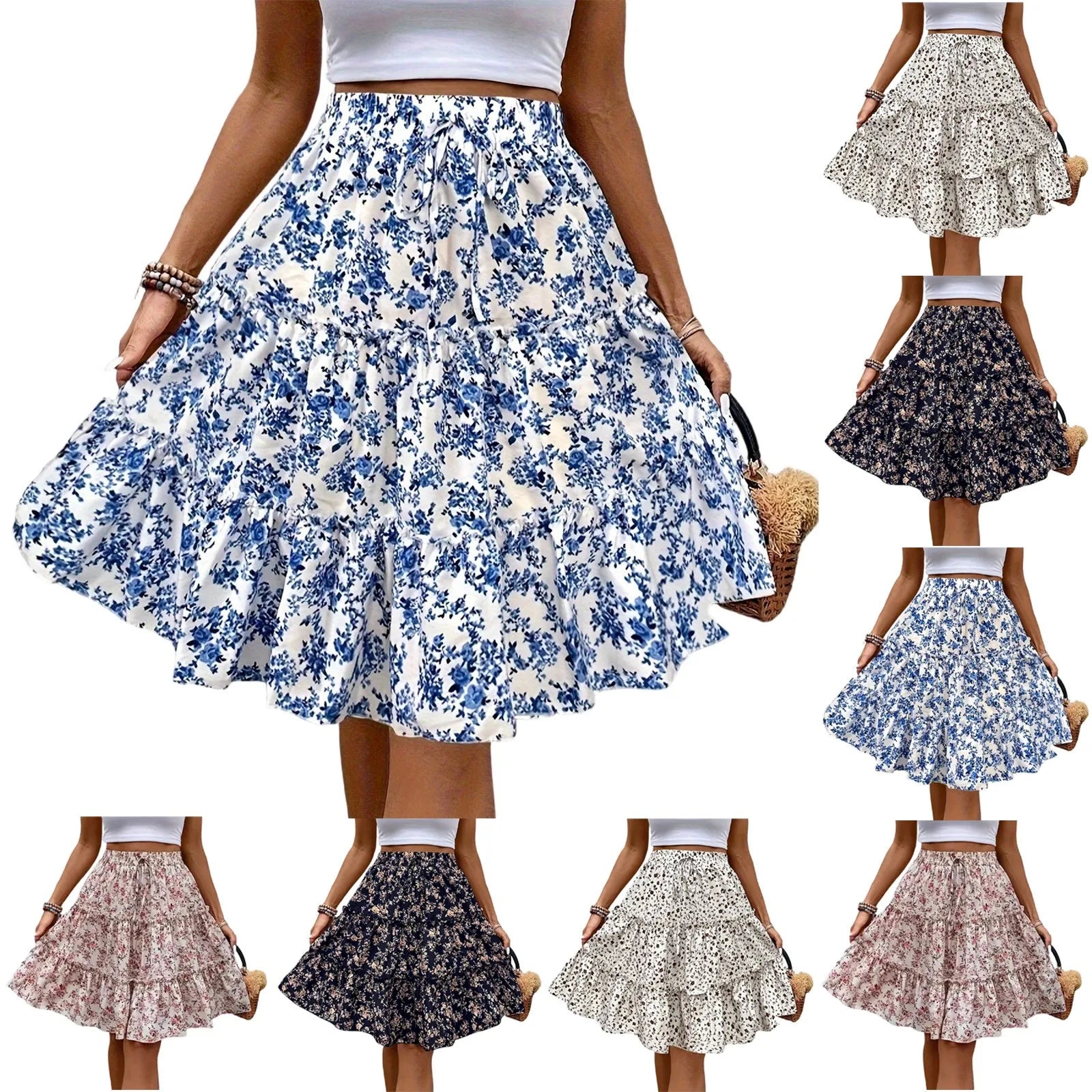 Women's Spliced Cake Skirt Fashionable Floral Print Elastic Waist Strap Versatile Casual Skirts Comfortable knee-length skirt