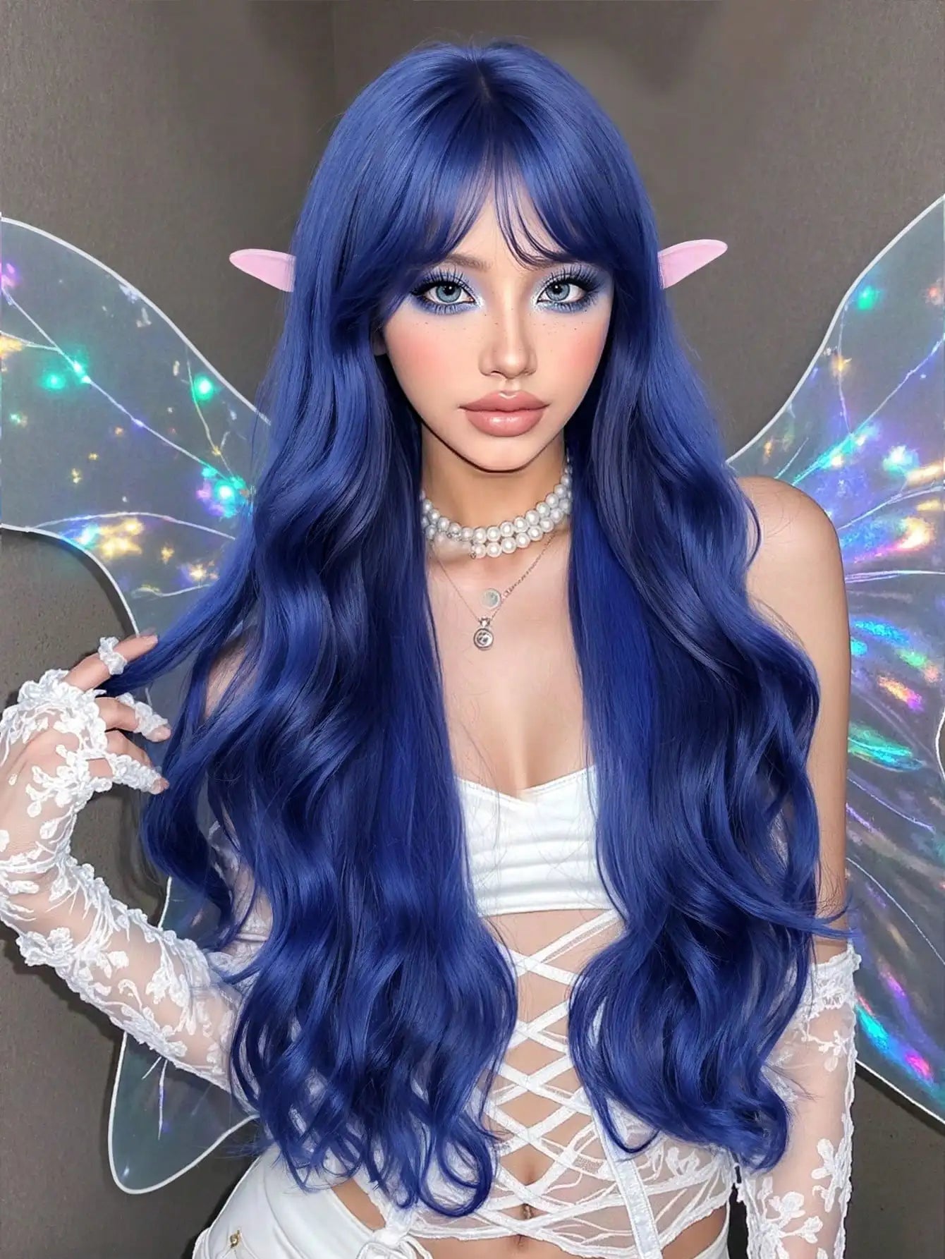 Cute Wigs - Navy Blue Medium Part Bangs Long Curly 28-Inch Daily Simulation Scalp Natural Woman Wigs For Party Cosplay Wedding
