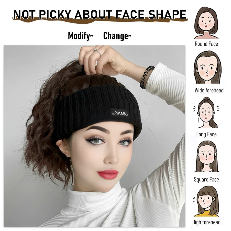 Gorro de punto de 12 pulgadas negro sintético con parte superior hueca, extensiones de peluca de cola de caballo con ondas de agua, logotipo bordado, invierno cálido, Navidad