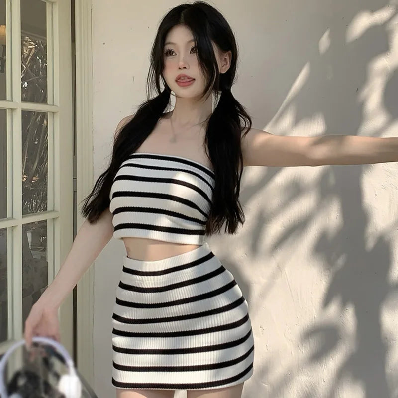 Summer Two Piece Set Women's Top Skirt High Waist Skirt Knitted Tube Top Stripe Casual Slim