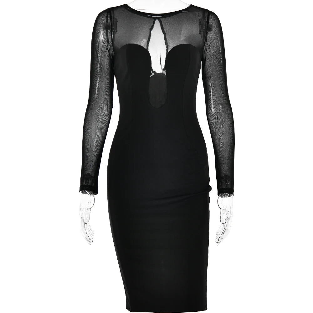 Articat Sexy Mesh Patchwork Christmas Red Dress Women Long Sleeve Bodycon Perspective Evening Dress Elegant Party Club Vestidos