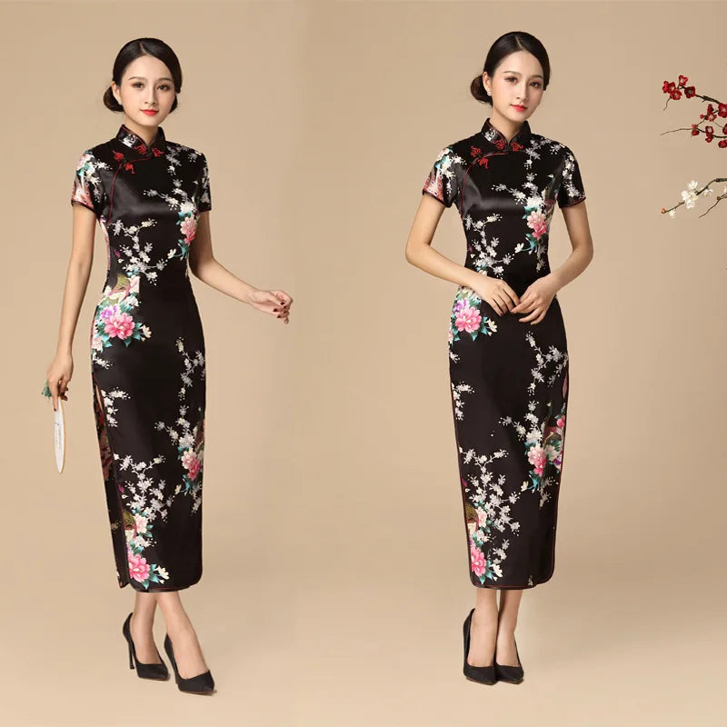 Print Satin Qipao Lady Elegant Dresses Sexy Cheongsam Chinese Tradition Style Dress Summer New Long Qipaos Plus Size 4Xl5Xl6Xl