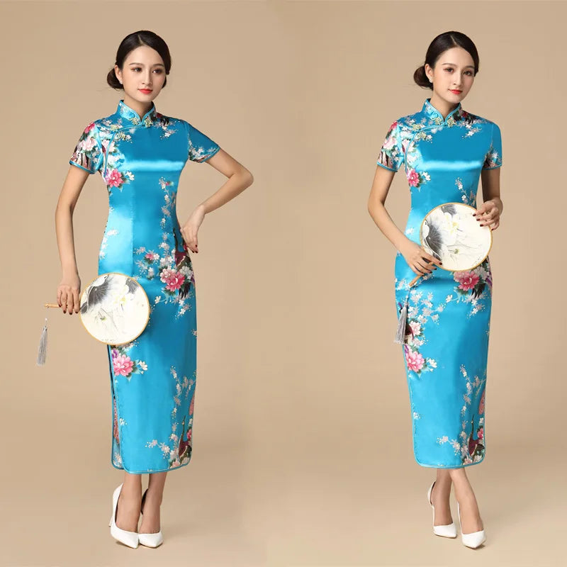Print Satin Qipao Lady Elegant Dresses Sexy Cheongsam Chinese Tradition Style Dress Summer New Long Qipaos Plus Size 4Xl5Xl6Xl