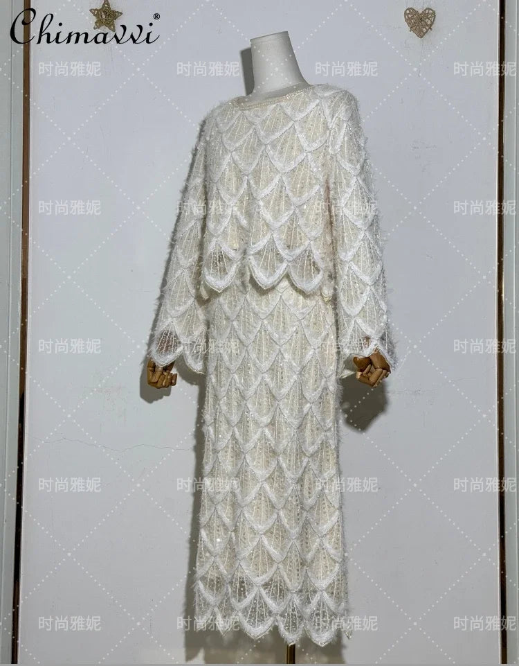 High-end Fashion Beaded Sequined Skirt Set 2025 Spring New Long-sleeved T-shirt Top High Waist Slim-fit Hip Skirt 2-piece Set