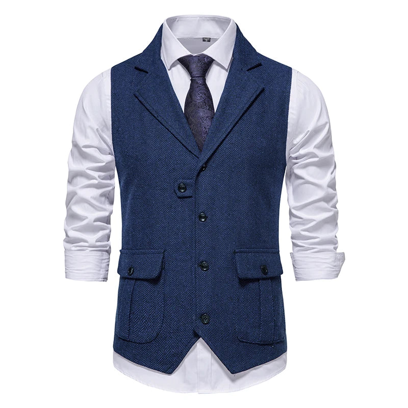 Men Suit Vest Herringbone Fabric Waistcoat Business Wedding Casual Turndown  Collar Men's Dress Blazer Vests Formal Party V07