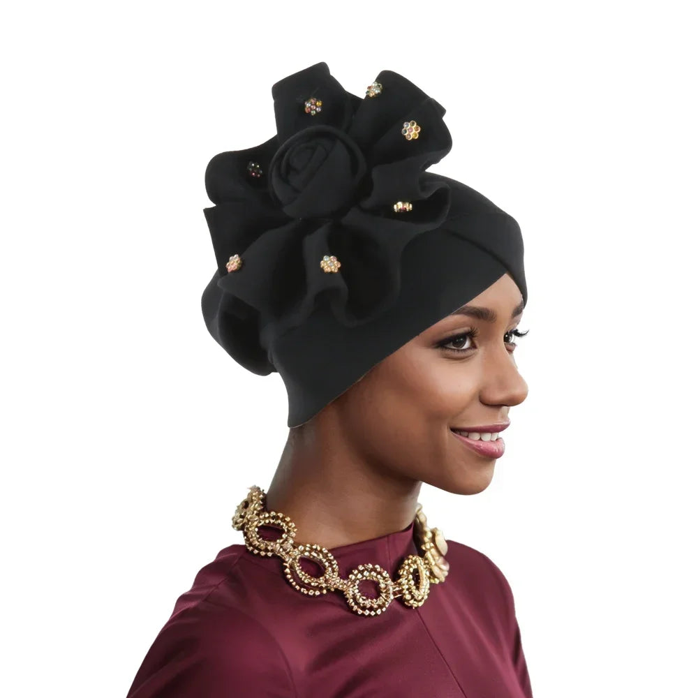 2025 Trendy Women Big Flower Turban Hat Fashion Muslim Hijab Caps Beads Head Wrap Bonnet Bandana Chemo Cap African Headties Hats