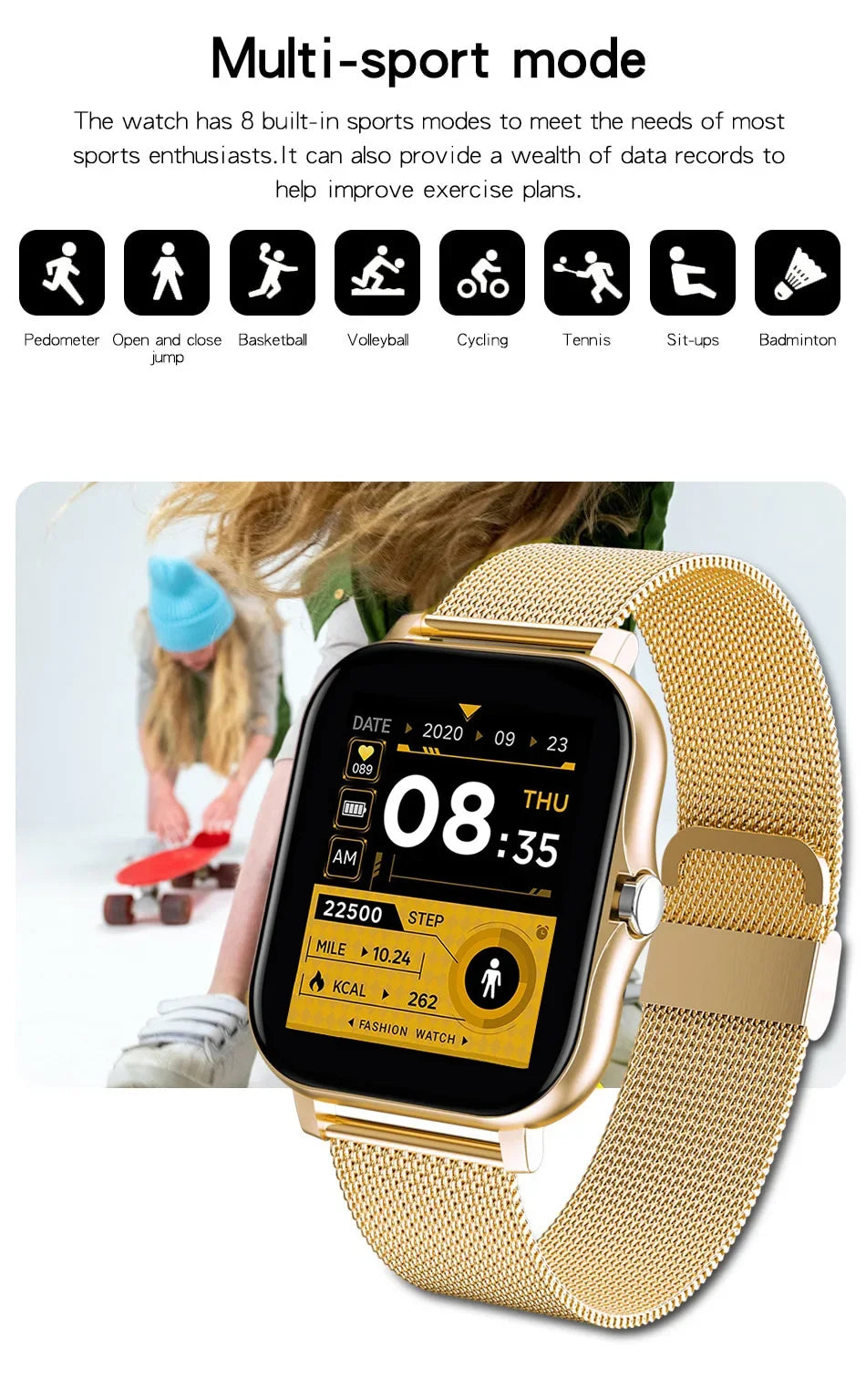 Smartwatch para teléfono Android. Pantalla a color de 1,44 pulgadas, táctil, llamada Bluetooth, carga magnética.