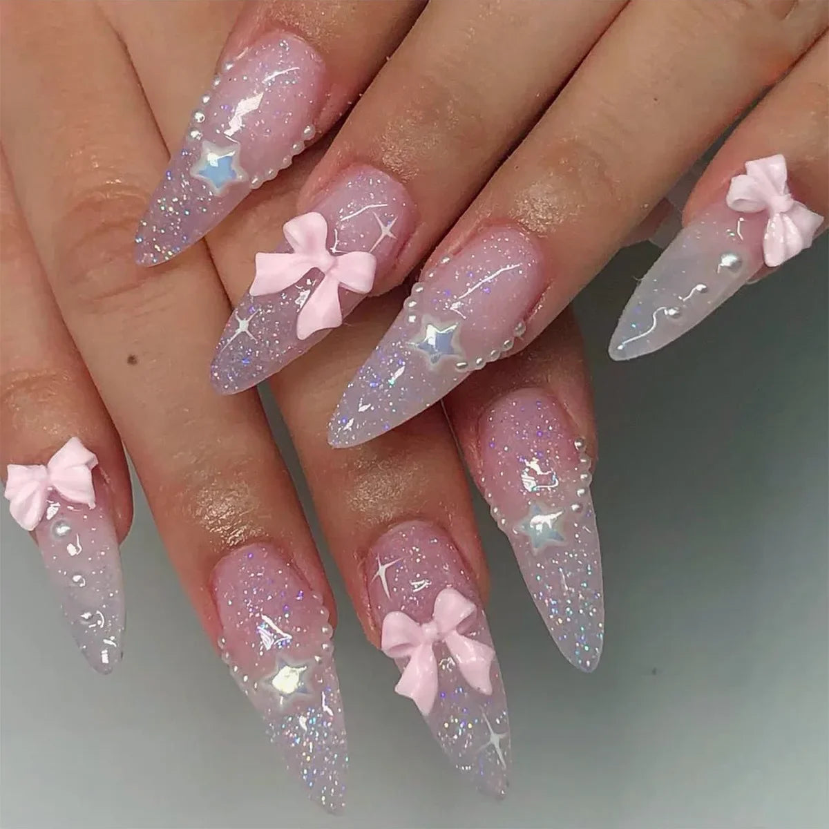 24Pcs Almond Press-On Nails in Pink Cat Eye with Heart & Strawberry Designs – Glossy Acrylic Stick-On Nails for Women & Girls