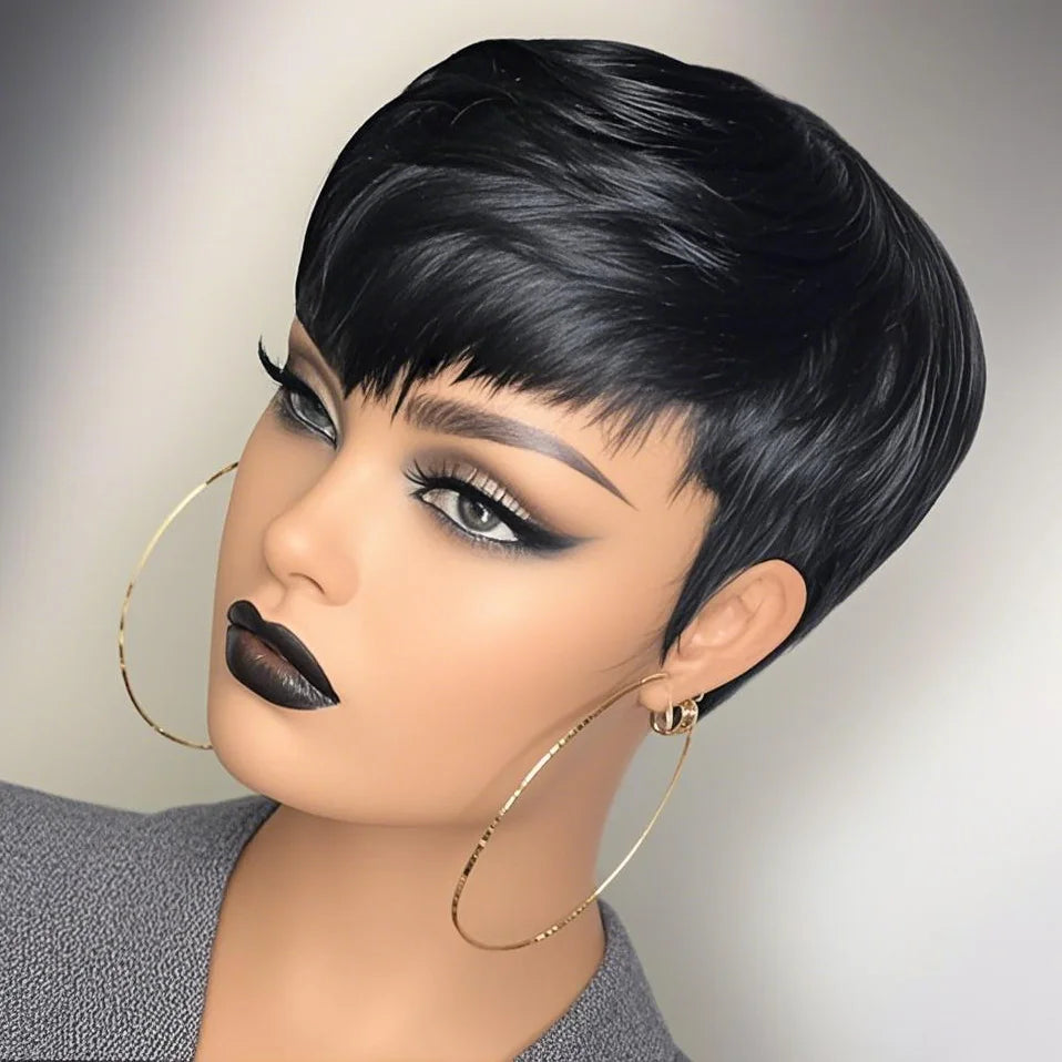 Short Pixie Cut Straight Wig Human Hair for Women Machine Made with Pre-Styled Bangs Tangle-Free Natural Hairline 180% Density 6inch