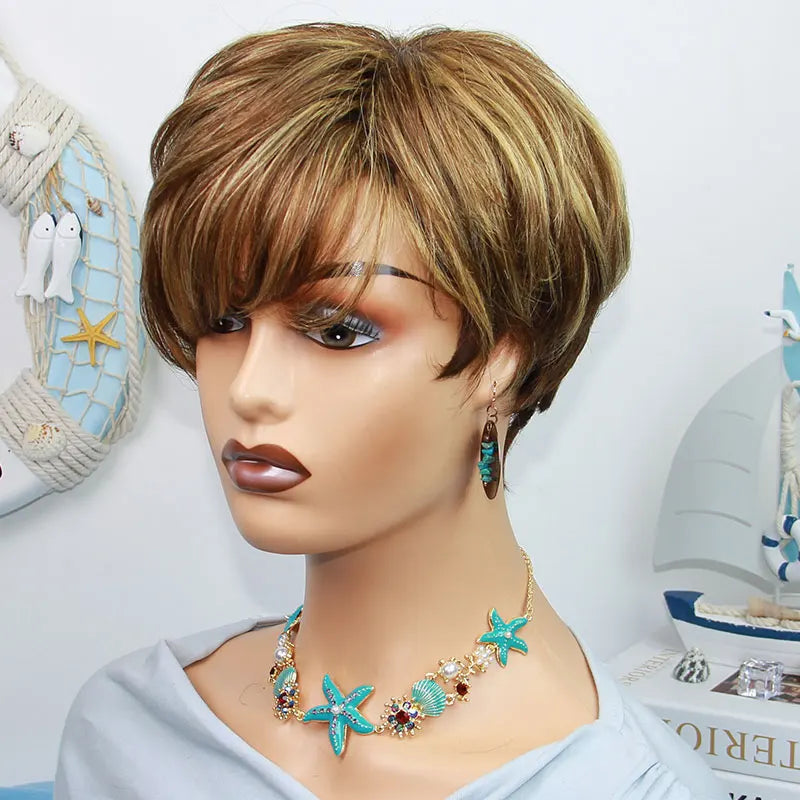 Short Straight Human Hair Wigs Highlight Color Brazilian Remy Hair Pixie Cut Wig Cheap Human Hair Machine Wig For Black Women