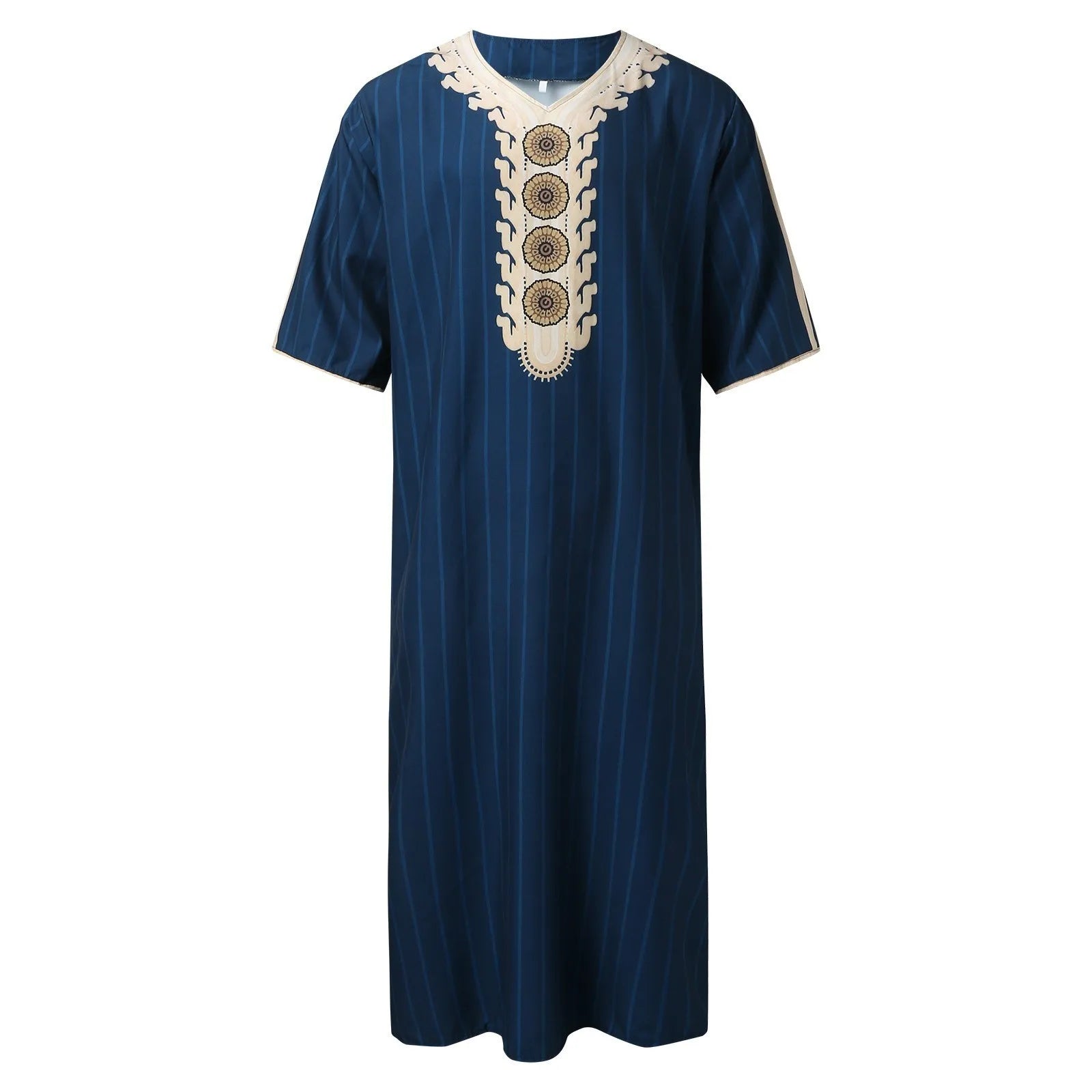 Muslim Men'S Clothing Hand-Embroidered Loose Breathable Summer Fashion Loose Robe Dubai Luxury V-Neck Short Sleeve Printing