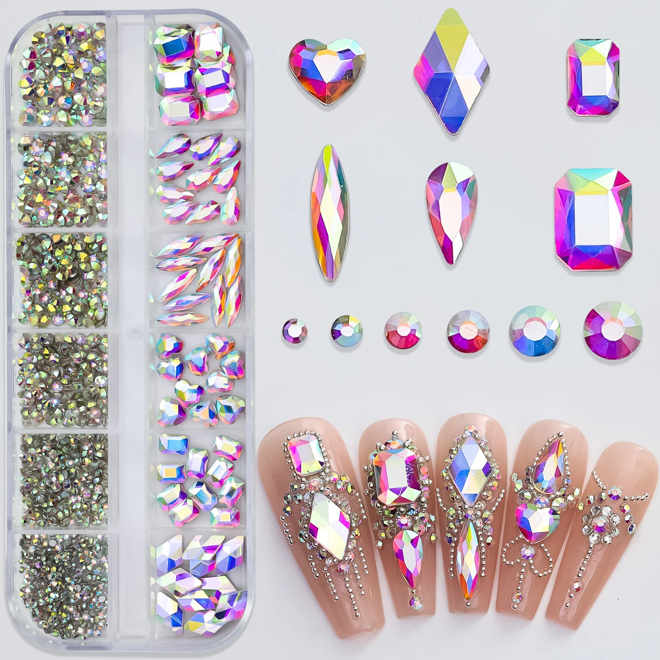 180 Uds. diamantes de imitación de cristal AB de espalda plana, gemas de diamantes de formas múltiples, piedras de cristal azul púrpura para decoración de uñas DIY