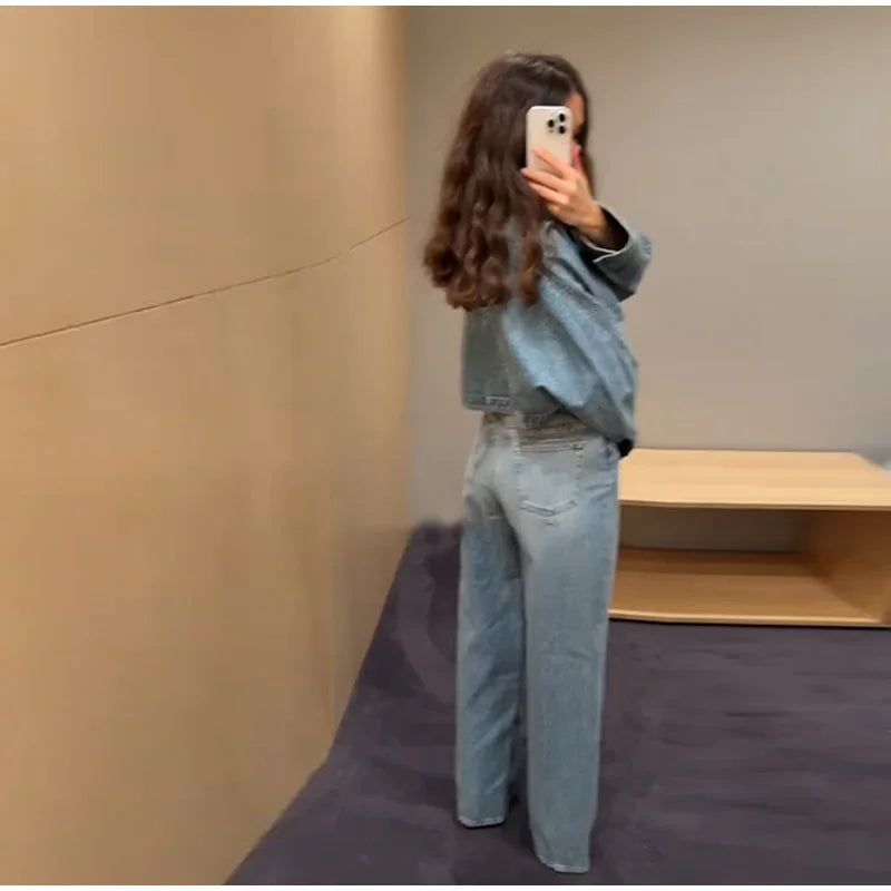 Women Denim Short Tops Pants 2 Piece Sets Lapel Baggy Long Sleeves Coats Straight Wide Leg Loose Jeans Suits 2025 Summer Outfits