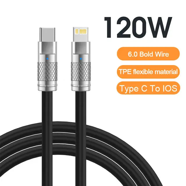 Cable de datos USB C de silicona líquida de carga súper rápida 120W 6A para iPhone 14 15 Huawei Samsung Xiaomi Cargador rápido Tipo C