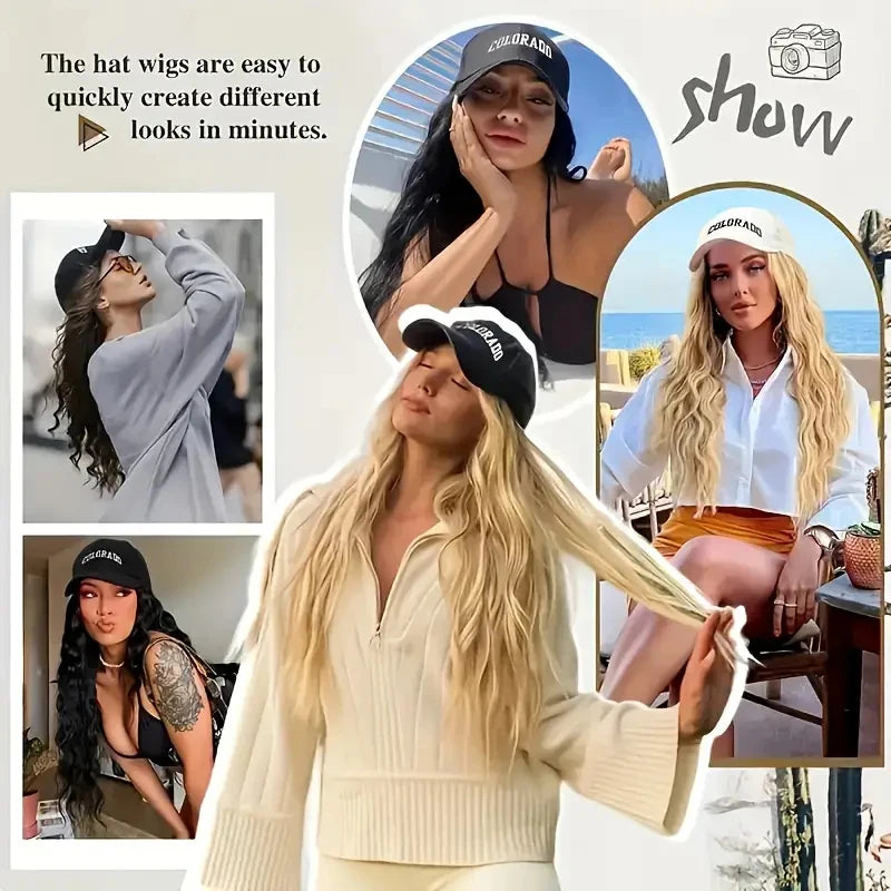Synthetic 18Inch Long Curly Elegant Black Baseball Cap Hat Wig Heat-Resistant Hair Easy Wear Versatile for All Occasions
