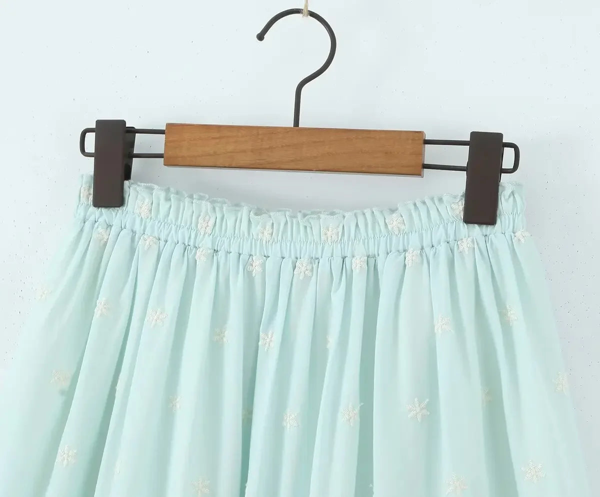 Sleeveless Top Skirt Two Pieces Matching Set for Women Light Blue Vintage Skirt Set French Style Embroidery Cotton Dress Set