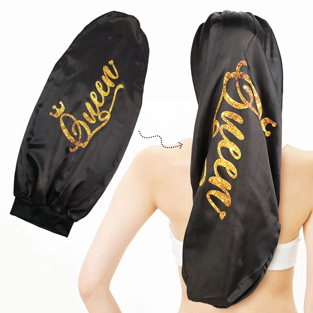 Queen Design Satin Bonnet - Black Long Sleeping Cap for Curly Hair, Lightweight Soft Polyester Protection Cap for Nighttime & D