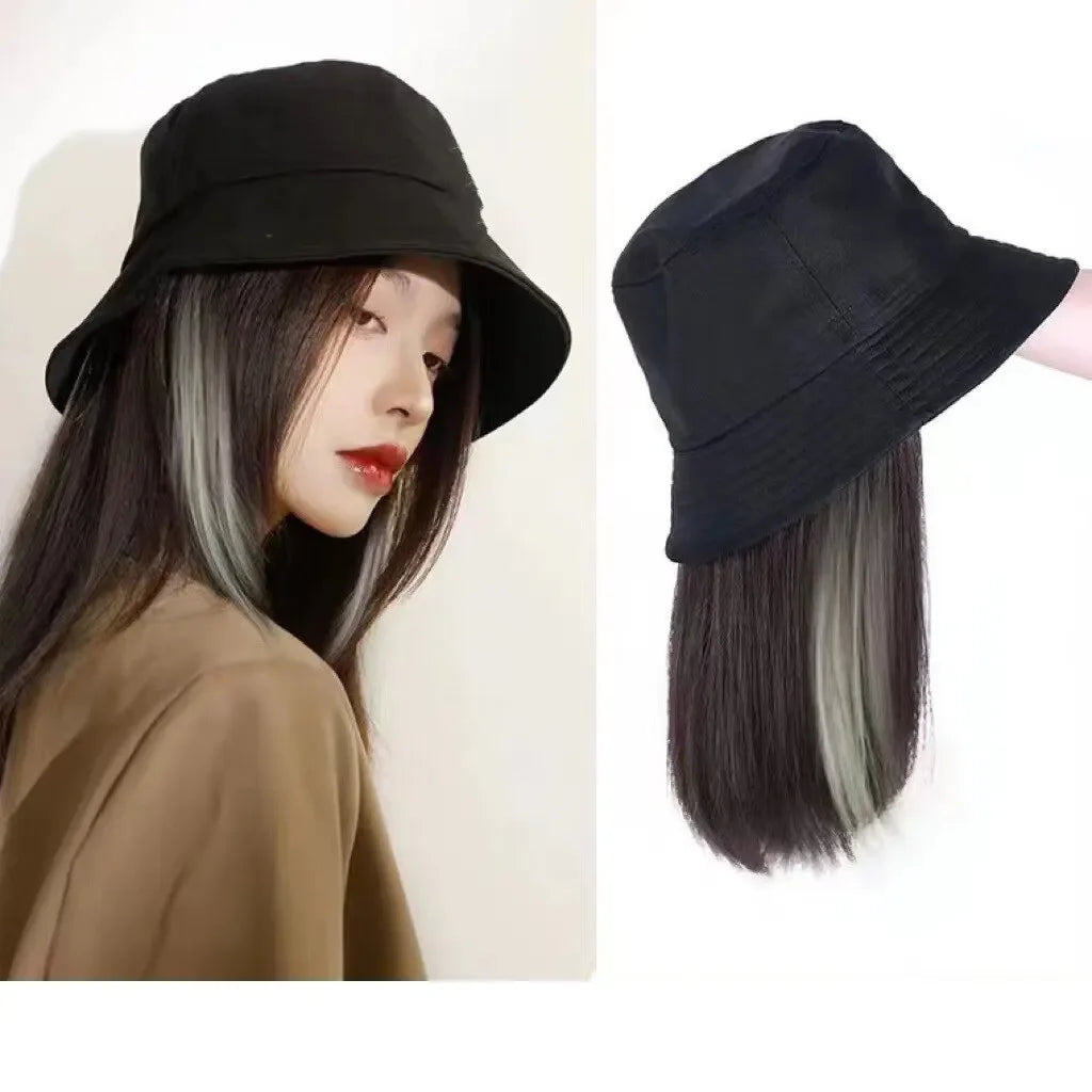 Sombrero peluca de una pieza para mujer, gorro de cubo natural a la moda, resistente al sol, peluca sintética de pelo liso, pelucas de cabeza completa para mujeres