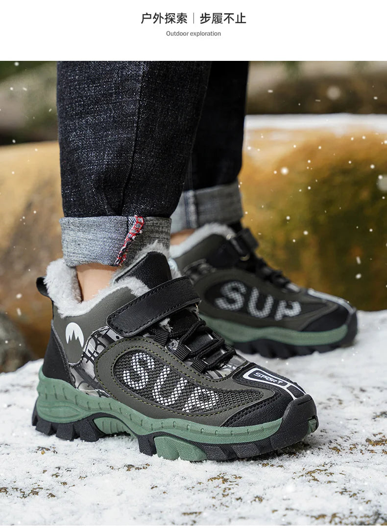 Winter Plus Velvet Hiking Shoes For Kids Non-slip Platform High Top Sports Shoes Boys Outdoor Warm Plush Children's Sneakers