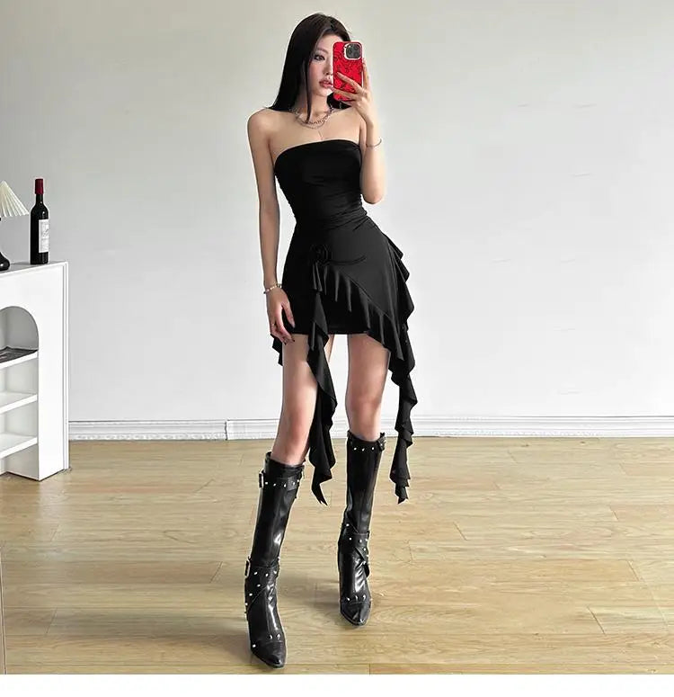 Women Bustier Tops Irregular 3D Roses Ruffle Slim Aesthetic Summer Chic Streetwear Tops Solid Red Womenswear Black White Sexy