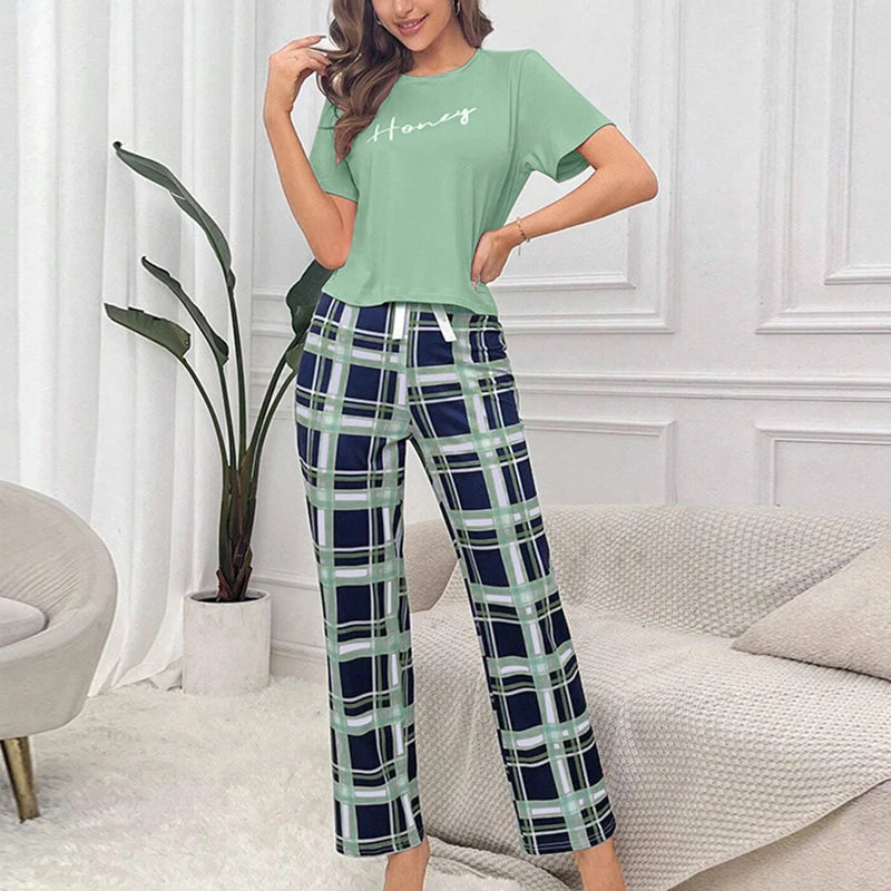 Women's Pajamas Set Soft Comfortable Letter Print T-Shirt & Plaid Long Pants Sleepwear 2 Pieces Home Clothes Loungewear Pyjama