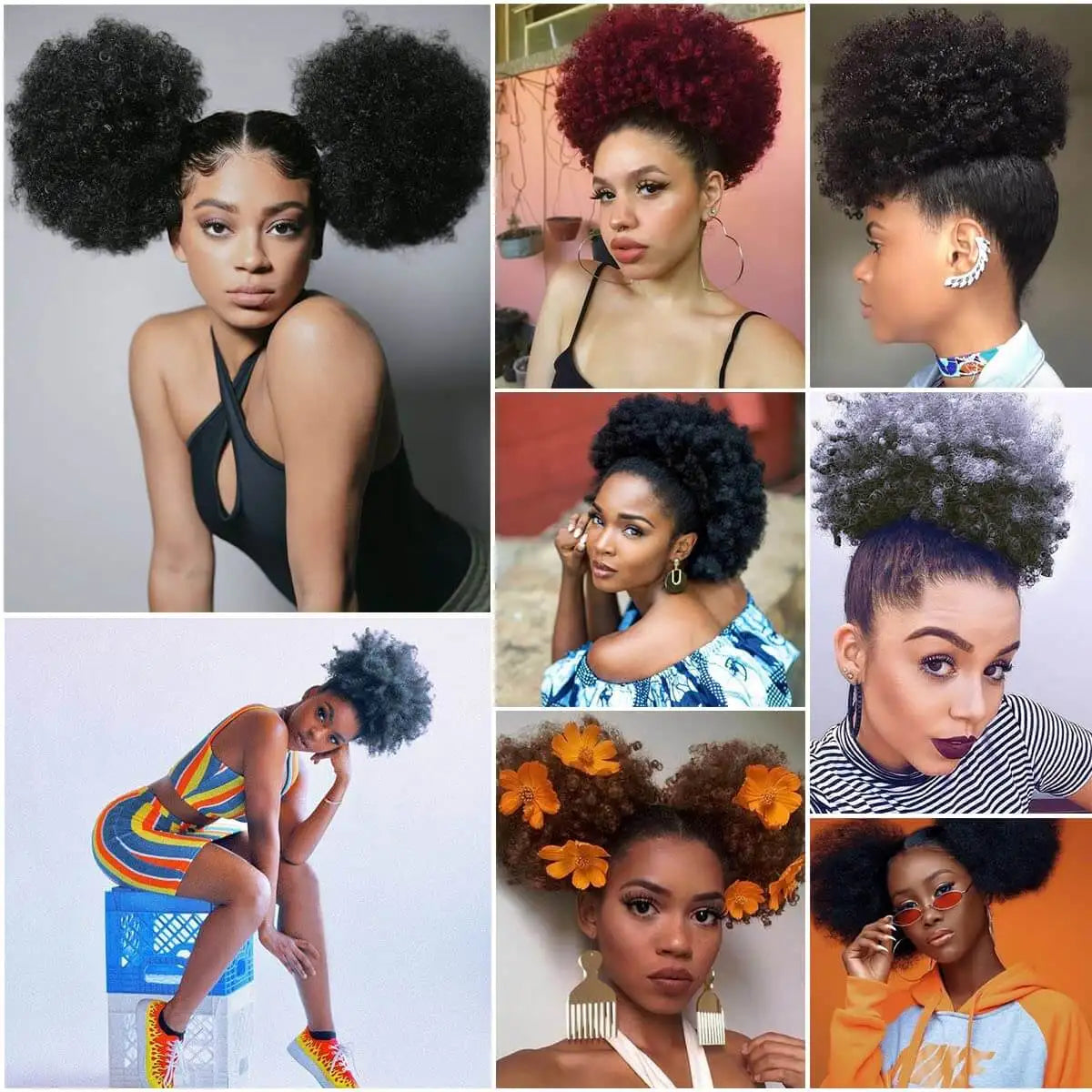Queue de cheval Afro Puff à cordon, extension de cheveux synthétiques, noire, marron, à clip, queue de cheval frisée crépue à cordon.