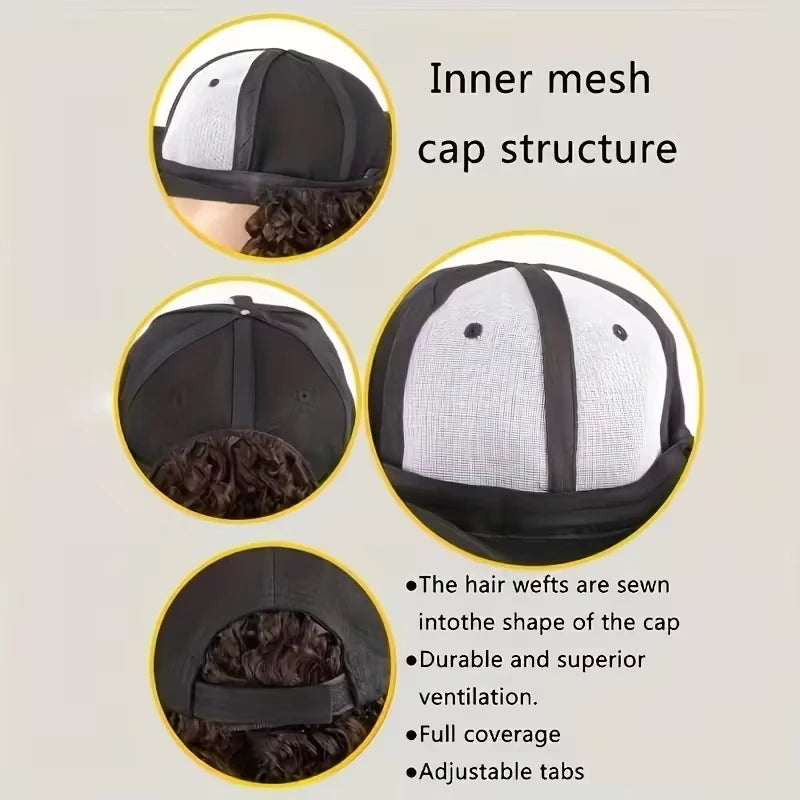 24Inch Synthetic Long Kinky Curly Hat Wig Baseball Cap Adjustable Breathable Hair Extension Wig for Women Easy to Wear