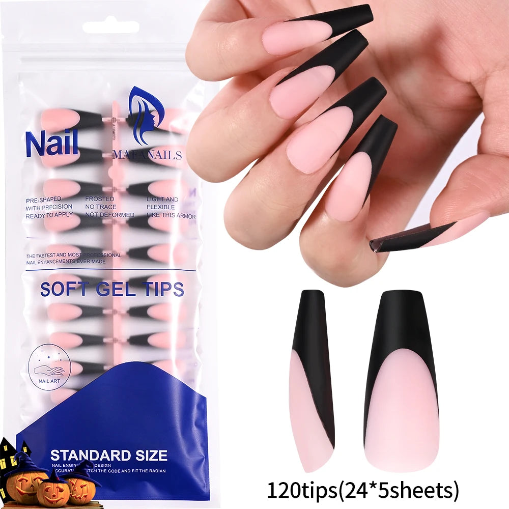 120pcs Black Edge Super Long French False Nail Removable Ballerina Coffin Almond Fake Nail Artificial Acrylic Press On Nail Tips