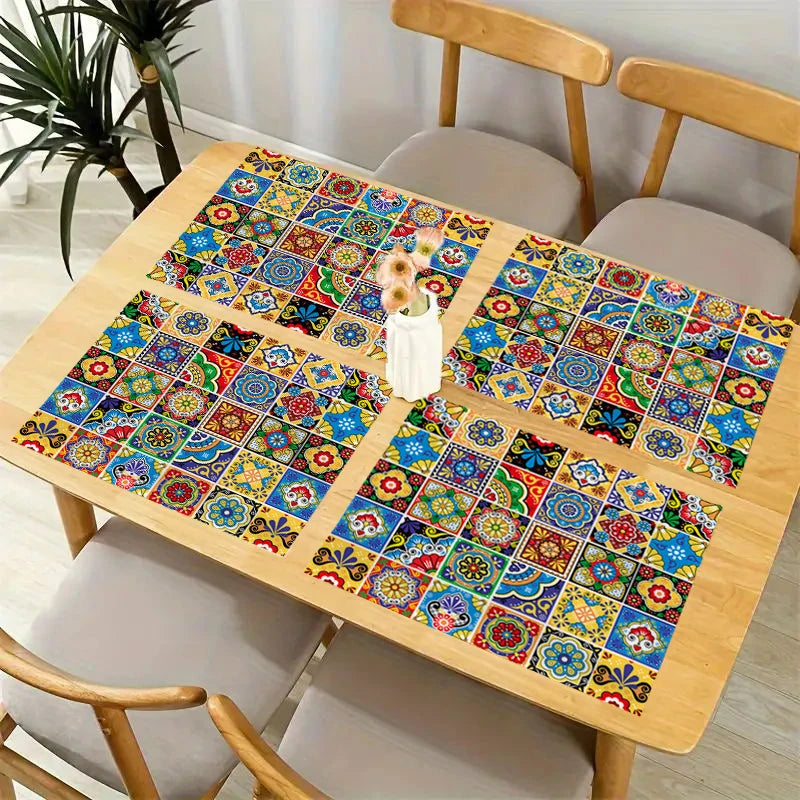 Lot de 4 sets de table bohème mandala, motif ethnique mexicain traditionnel avec carreaux géométriques, motif floral bohème, 30 x 40 cm