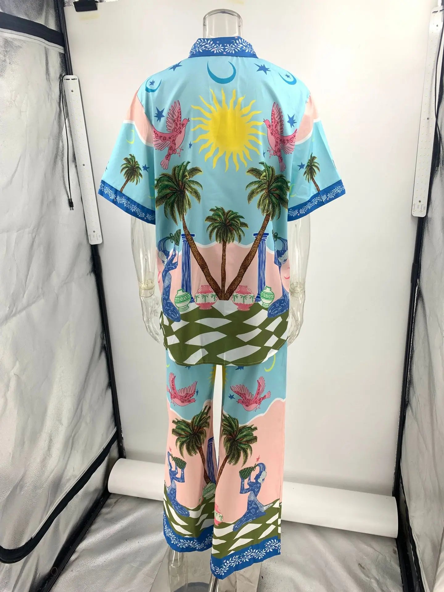 Pants Sets For Women Summer Fashion Printed Half Sleeve Shirt Suits Casual Loose High Waisted Female Wide Leg Pants Outfits