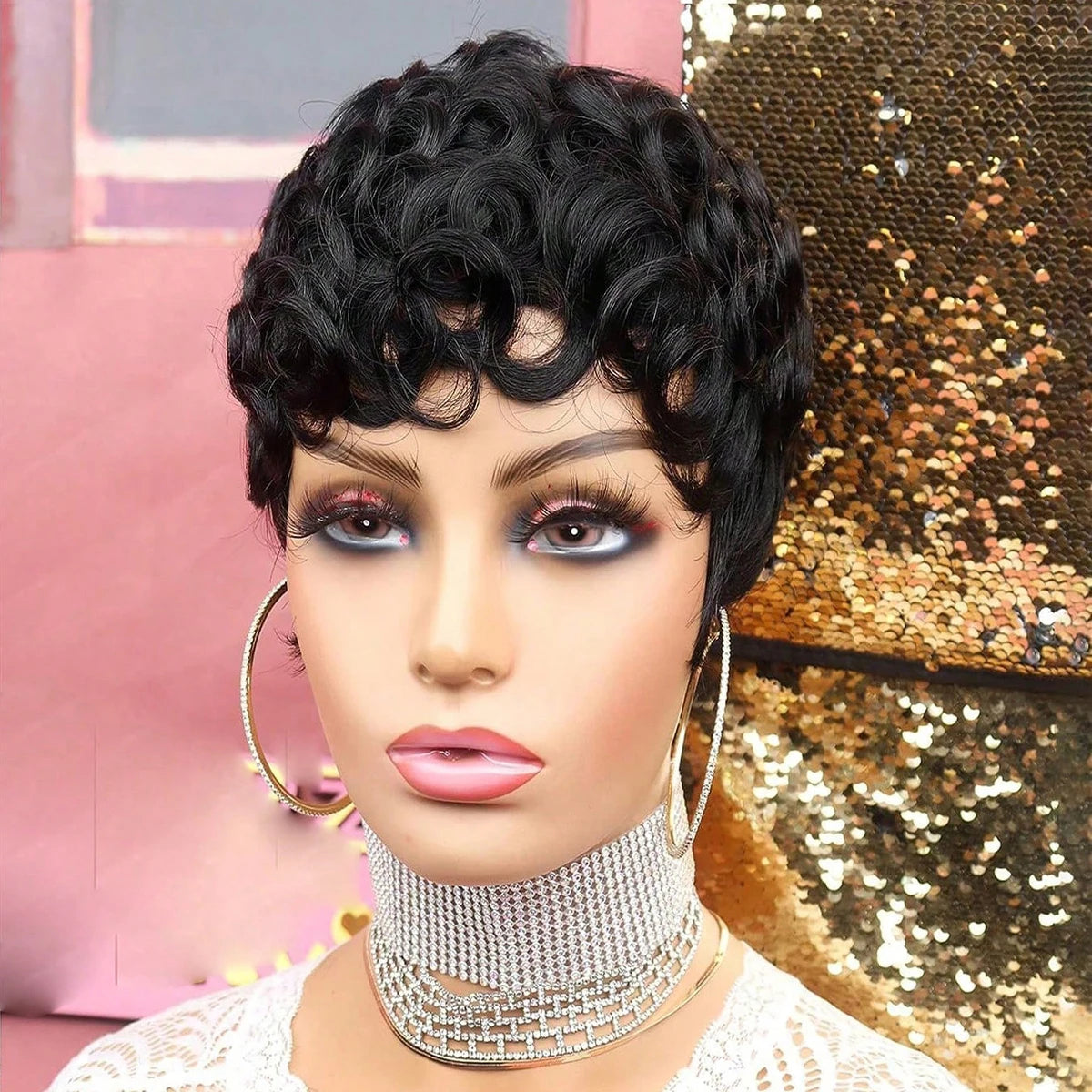 Black Pixie Cut wig for with Bangs Short Pixie Curly Layered Curled Natural Wavy  Short Curly Layered Pixie Wig for Women
