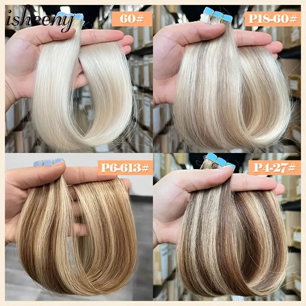 Isheeny 12"-24" Mini Tape Hair Extensions Machine Remy Human Hair Adhesive Tape In Human Hair Natural Straight 10pcs/pack