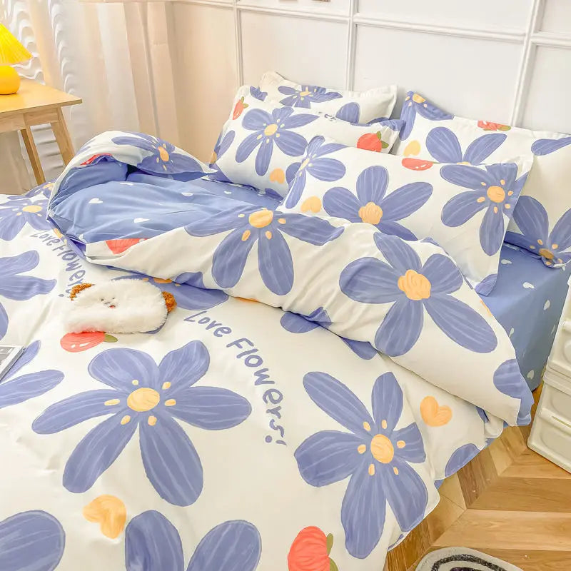 Juego de ropa de cama Kawaii para niños y adultos, sábana encimera, funda de edredón, funda de almohada, tamaño individual, doble, completo, ropa de cama floral de cerezo, textil para el hogar