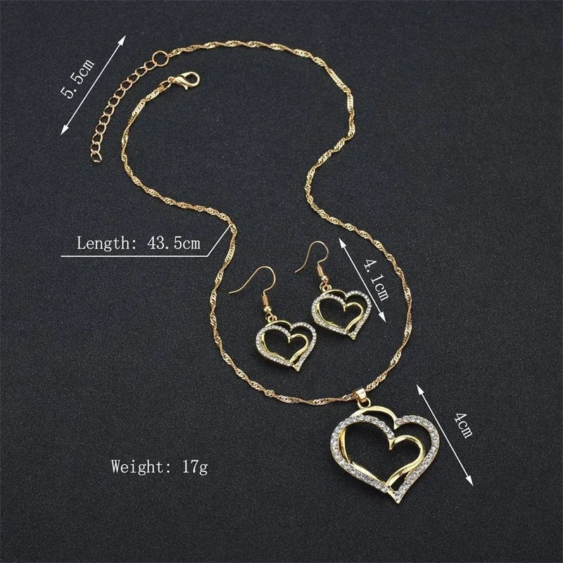 Women's Fashion Double Heart Jewelry Set Girls Delicate Necklace Earrings Bracelet Trendy Accessories Anniversary Wedding Gift