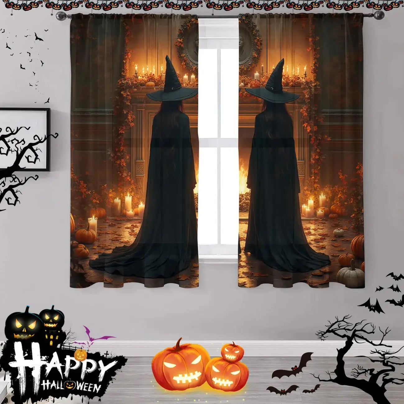 2pcs- Halloween Witch Magic Print Curtains, pole bag home decoration, room decoration
