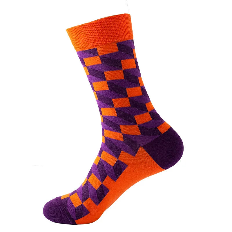 49 Patterns Fashion Business Men 100% Cotton Happy Lattice Socks Unisex Boys Combed Hip Hop Street Skateboard Funny High Sox Set