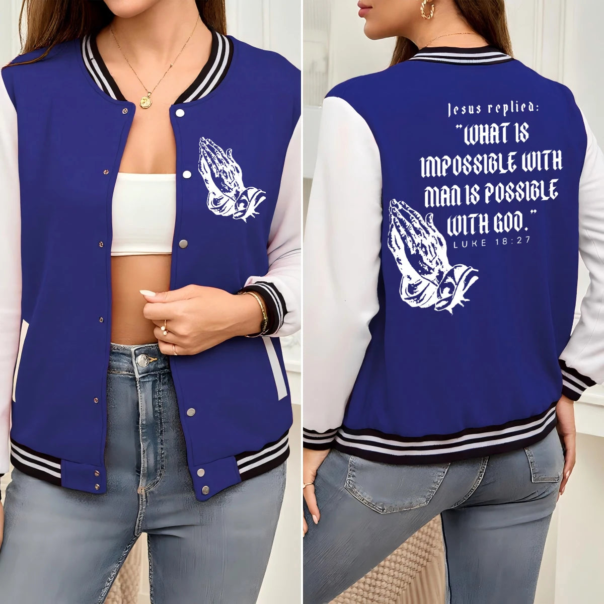Jesus Pray By Hand Print Baseball Uniform Womens Colorful Loose American Jackets Cotton Soft Sportswear Autumn Street Clothes