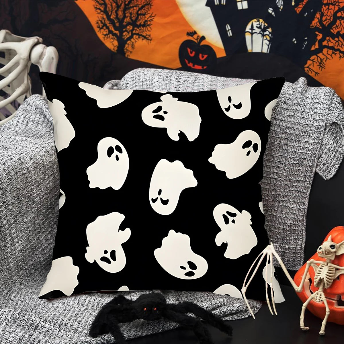 Halloween Linen Cushion Cover Trick or Treat Theme Pillowcase Cartoon Pumpkin Ghost Pillow Cover Halloween Party Decoration 2025