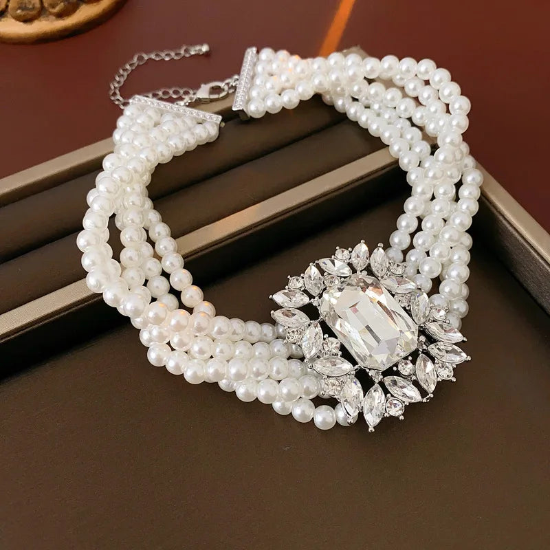 Inlaid Rhinestone Geometric Pearl Jewelry Set Women Beaded Choker Light Luxury Multi-layer Necklace Fashion High Sense Earring