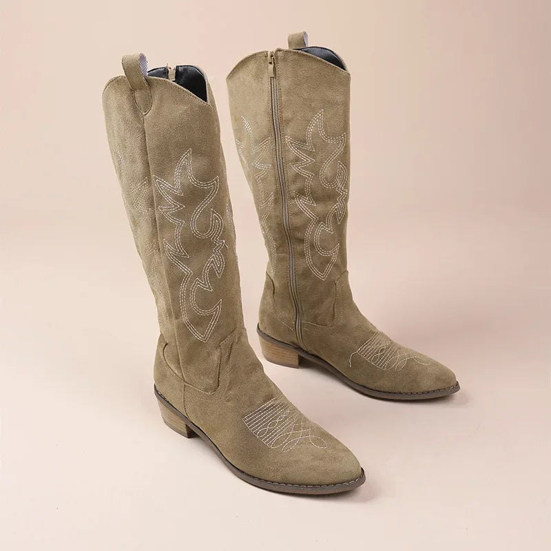 Embroidered Western Cowboy Boots for Women Autumn Pointed Toe Thick Heel High Knee Boots Woman Loose PU Leather Long Botas Mujer