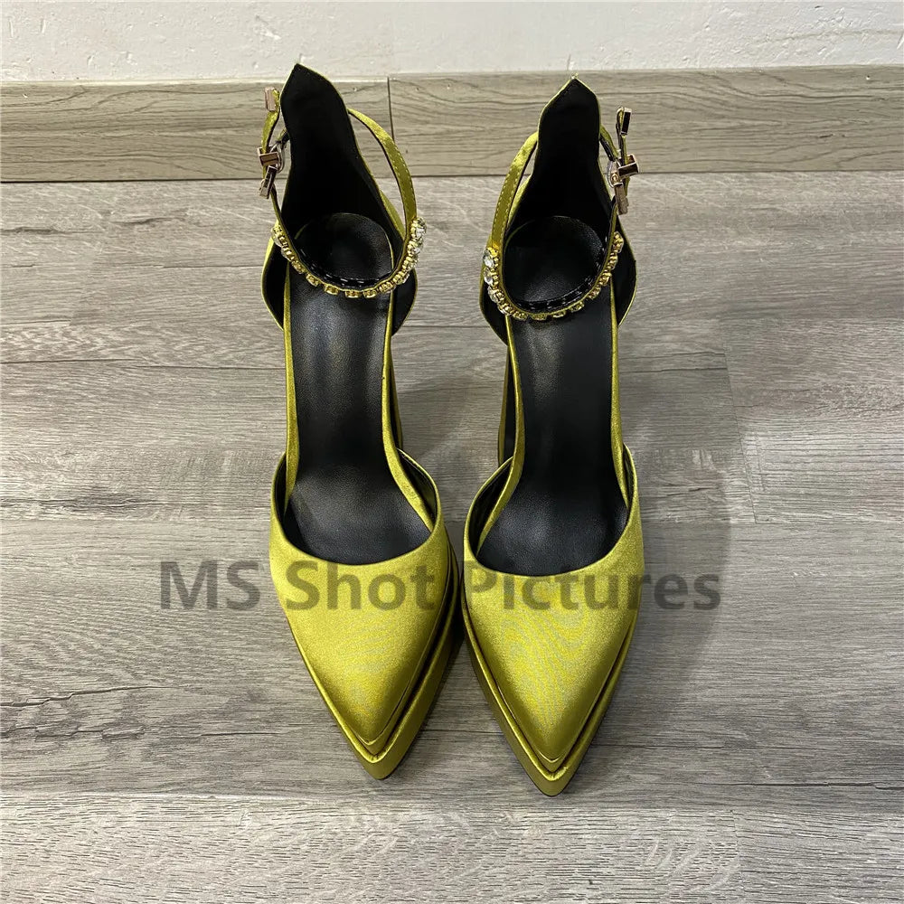 Luxury Women High Heel Shoes Platform Sandals Pointed Toe Woman Silk Pumps Sexy Rhinestone Buckle Chunky Heel Wedding Shoes 2024