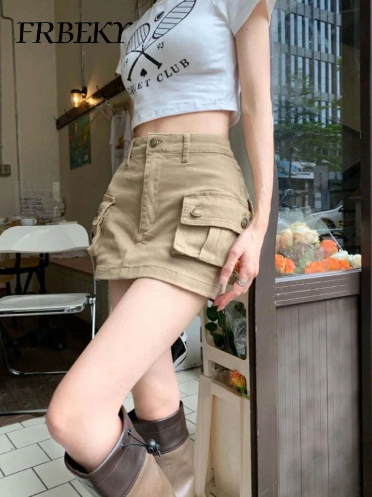 Women's Skirt Autumn New Denim Khaki Work Skirt Skinny American Half-body High Waist A-line Skirt Pocket A Line Sexy Dress