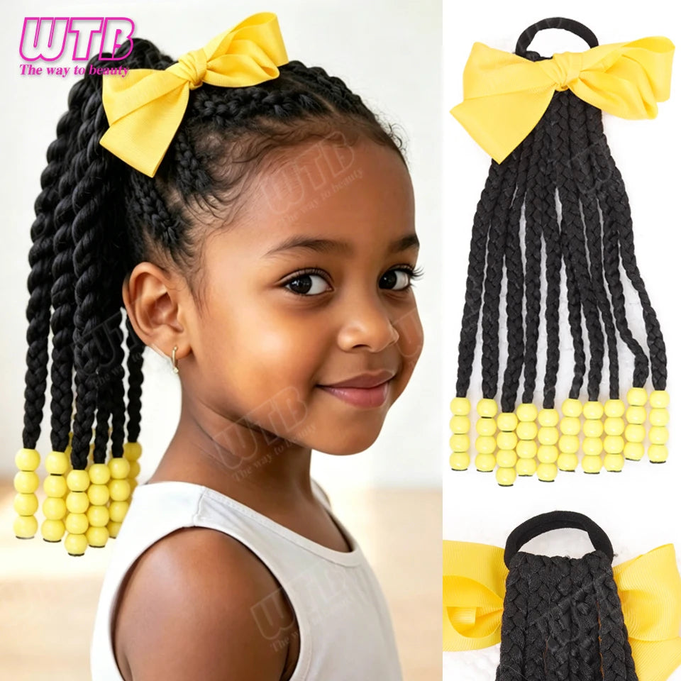WTB Bow-adorned Braided Synthetic Wig Elastic Band Style Children's Ponytail Wig Short Ponytail Wig Suitable for Everyday Wear