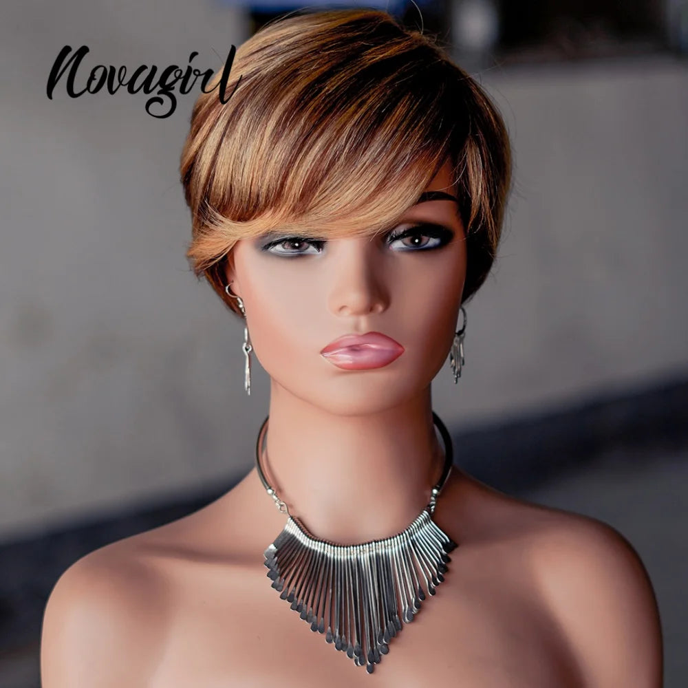 High Quality 6 Inch Pixie Wigs Color P4/27 for Women Full Machine Made Brazilian Virgin Remy Human Hair Soft Comfortable