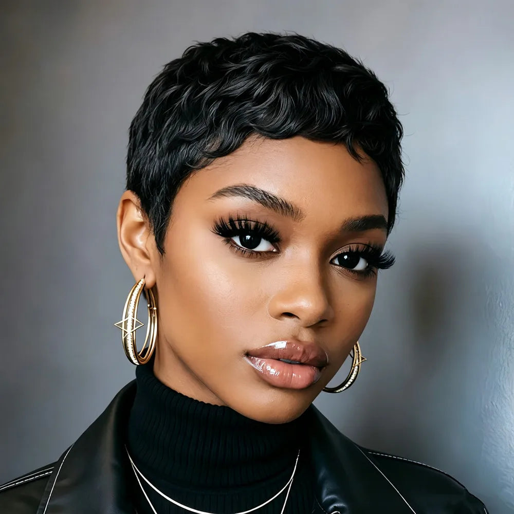 short layered pixie cut human hair wig 4inch summer wig black color 150% density machine made hair wig for women