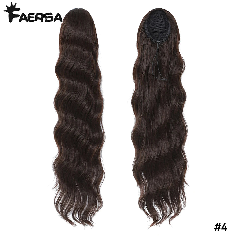 Queue de cheval à cordon de serrage de 28 pouces Extensions de cheveux synthétiques pour femmes noires Longue queue de cheval ondulée à clipser haute température pour femme afro