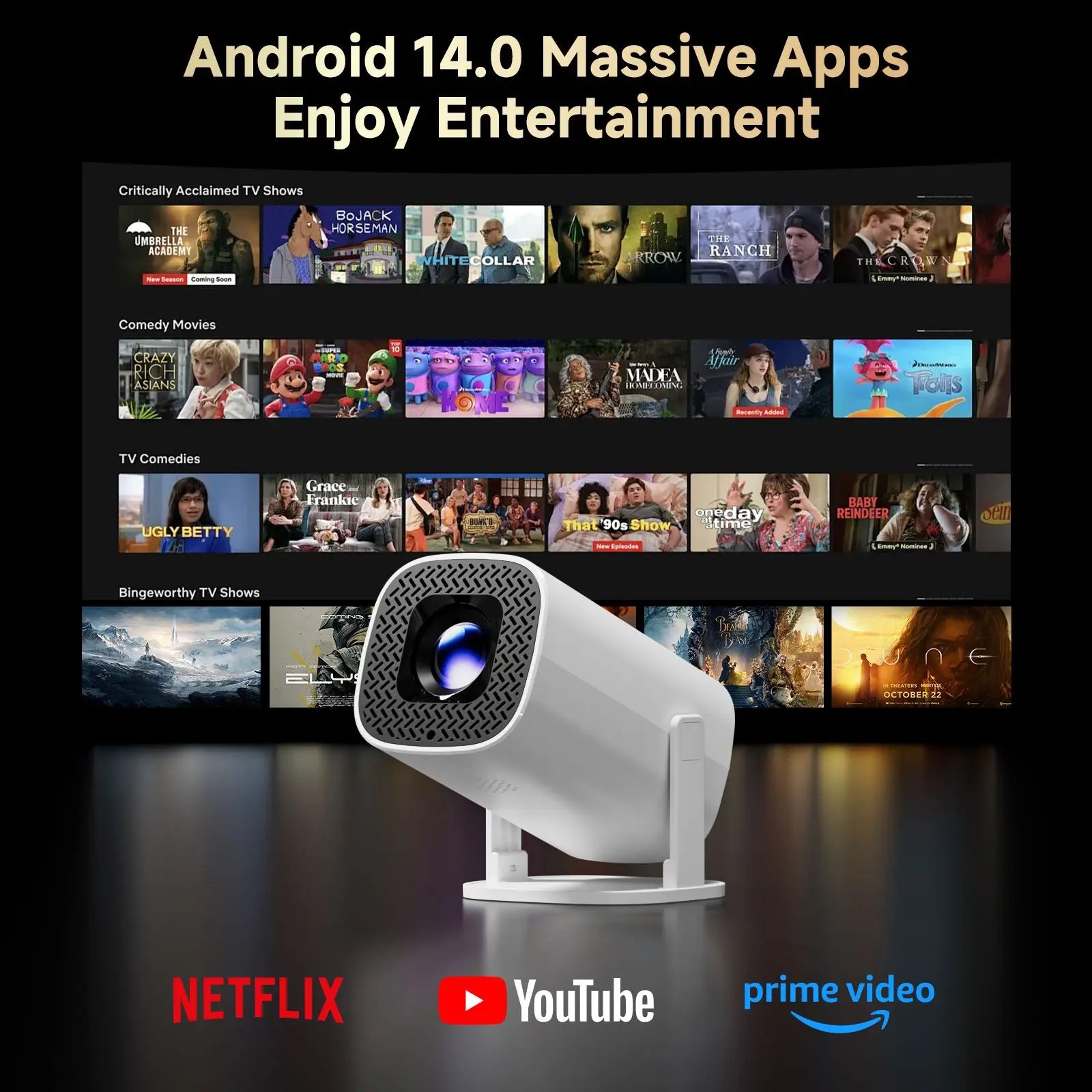 Smart Projector 4K Android 14 Projector Supports 1080p HD Video WiFi 6 BT5.0 Native 720p Home Theater Outdoor Portable Projector